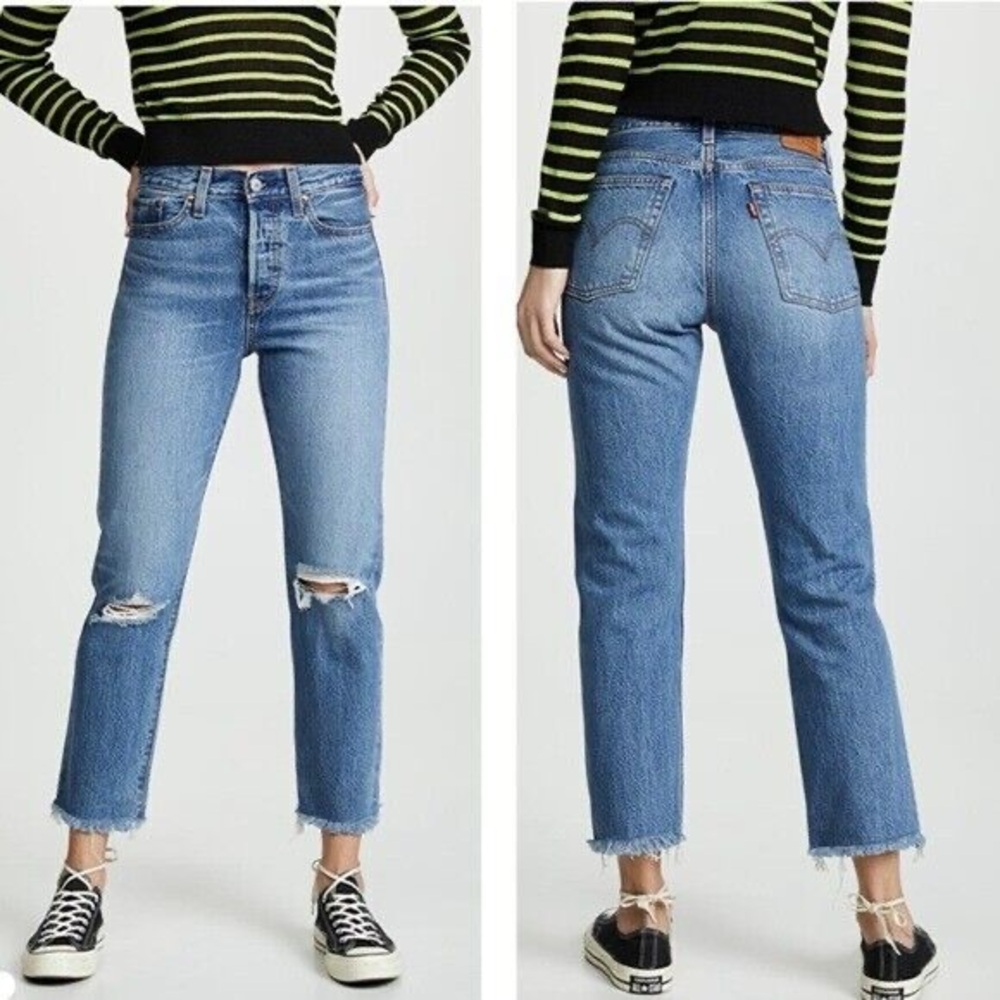 NEW Levis Wedgie Straight Jeans Raw Cuff Ripped Button Fly Size 24